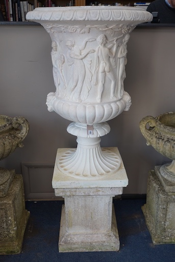 A reconstituted marble Borghese urn on stand, diameter 64cm, height 146cm